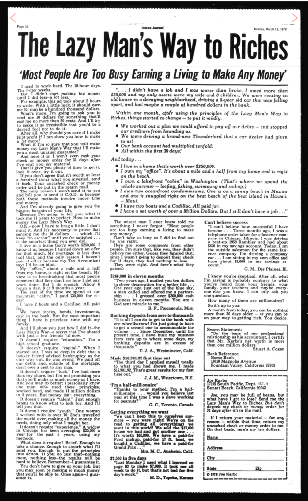 Scan of Joe Karbo's "Lazy Man's Way to Riches" ad from the swipe file archive