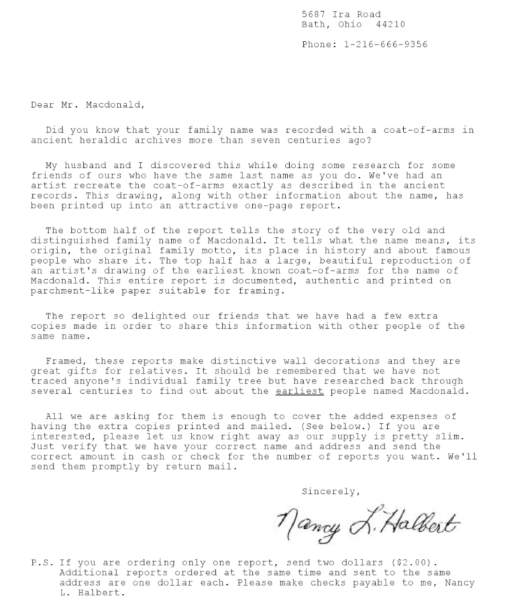 Scan of Gary Halbert's "Coat of Arms" letter from the swipe file archive